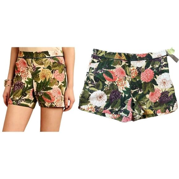 Anthropologie Elevenses Green Ranunculus Bloom Floral Shorts Size 12 NWT - Picture 1 of 12